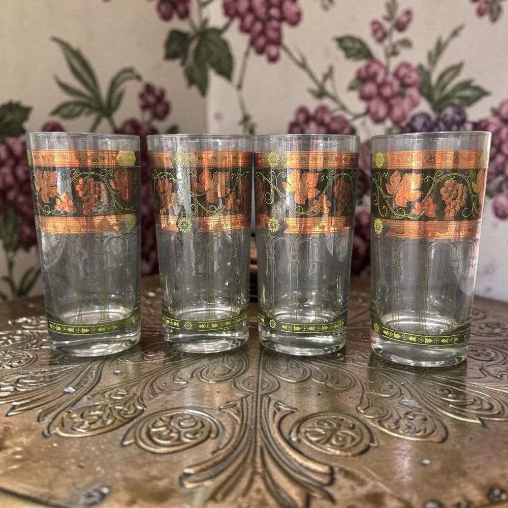 Cera Green & Golden Grapes Highball Glasses, Set of 4, Vintage Tumblers, Barware